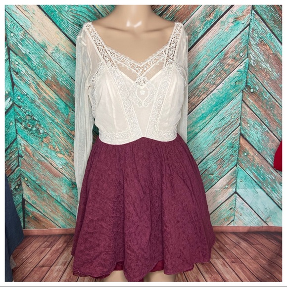 Free People Lace & Brocade Burgundy Long Sleeved Mini Dress - Picture 4 of 5